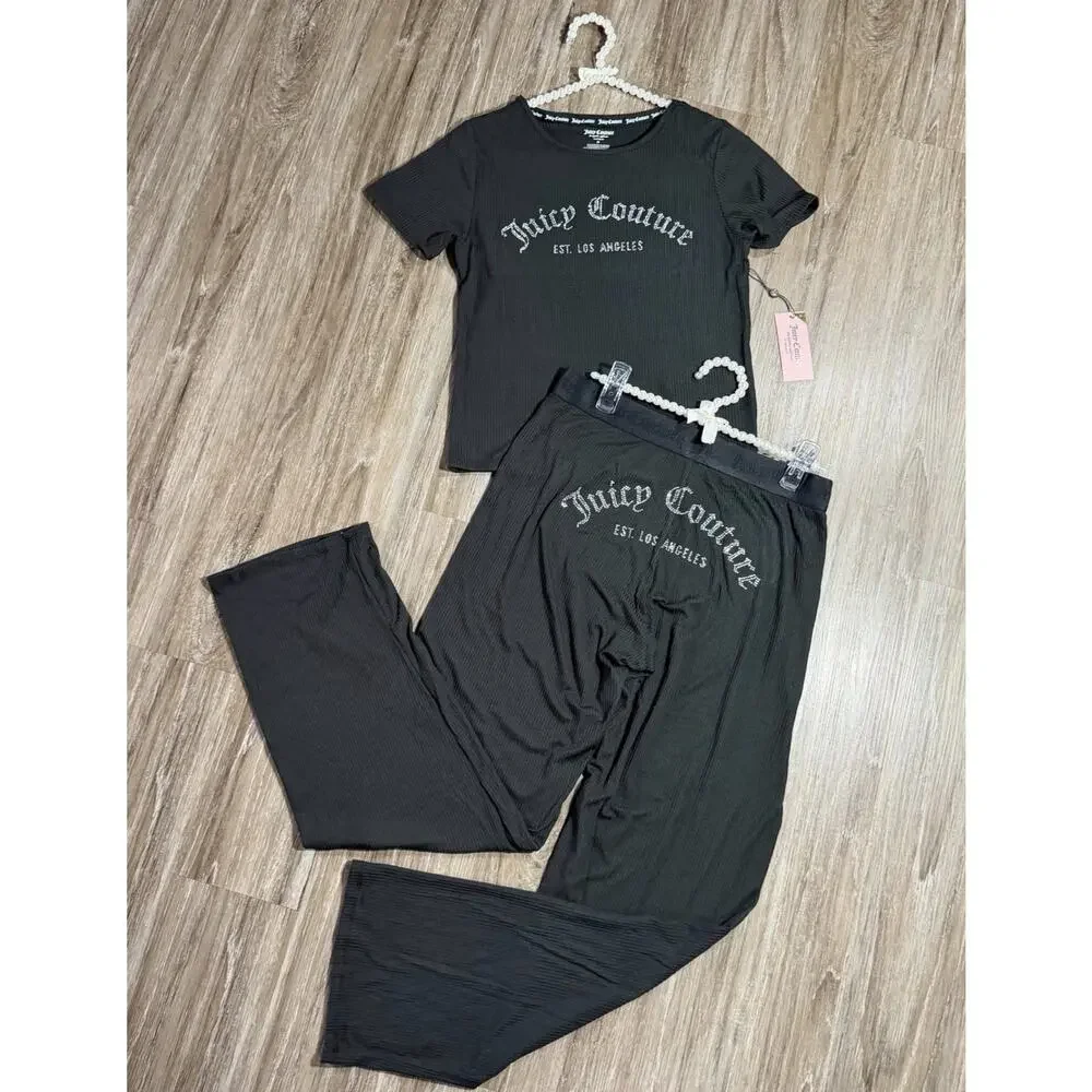 Juicy Couture NWT 2PC Short Sleeve Top & Long Pants Pajama Set, BLACK - MEDIUM